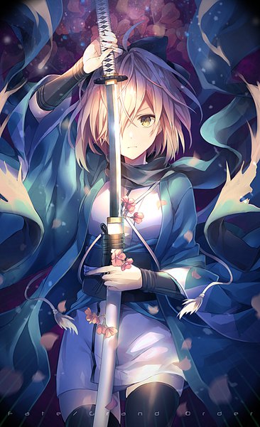 Anime picture 611x1000 with fate (series) koha-ace okita souji (fate) (all) okita souji (koha-ace) yunohito single tall image looking at viewer blush fringe highres short hair blonde hair standing holding yellow eyes ahoge traditional clothes japanese clothes wind