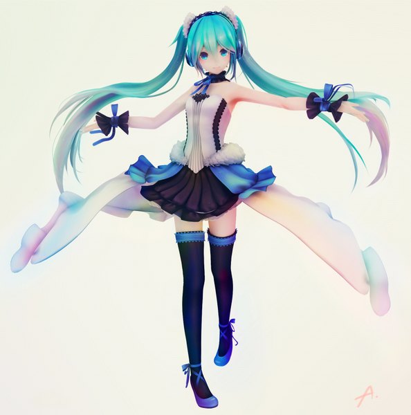 Anime picture 1630x1648 with 7th dragon 7th dragon 2020 vocaloid hatsune miku awakawayui single long hair tall image looking at viewer blush fringe simple background standing bare shoulders signed pink hair arm up aqua eyes aqua hair outstretched arm