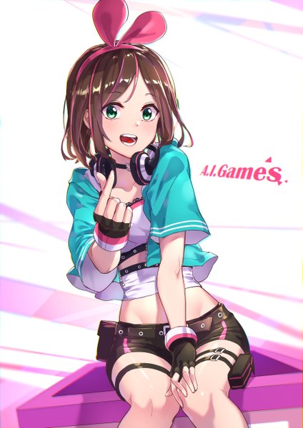Anime picture 3541x5016 with virtual youtuber a.i. channel kizuna ai kizuna ai (a.i. games) mr.lime single tall image looking at viewer blush fringe highres short hair breasts open mouth brown hair sitting green eyes absurdres multicolored hair open jacket