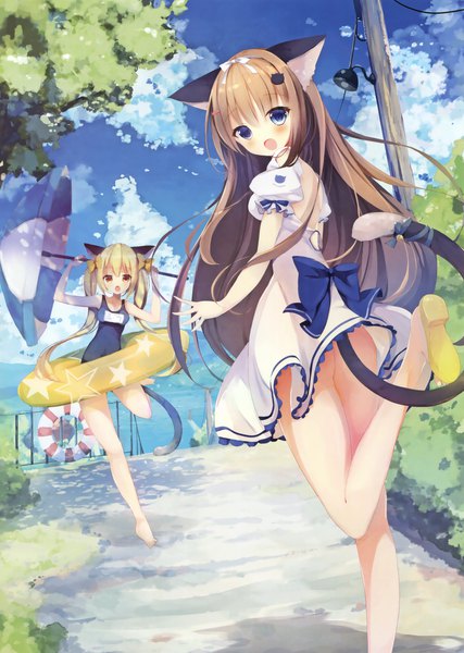 Anime picture 2494x3500 with original ura (ur wave) long hair tall image looking at viewer highres open mouth blue eyes light erotic blonde hair brown hair multiple girls brown eyes animal ears sky cloud (clouds) ass tail animal tail looking back