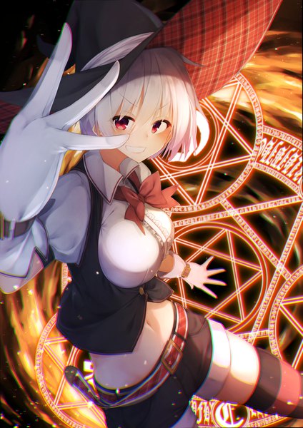 Anime picture 1157x1637 with original waterdog single tall image looking at viewer blush fringe short hair open mouth smile hair between eyes red eyes white hair :d from above grin magic >:d girl thighhighs