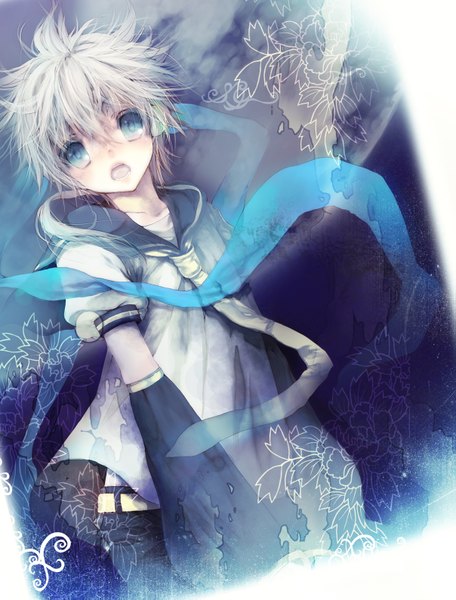Anime picture 1207x1589 with vocaloid kagamine len ooki bonta single tall image short hair blue eyes white hair boy flower (flowers) ribbon (ribbons) detached sleeves headphones