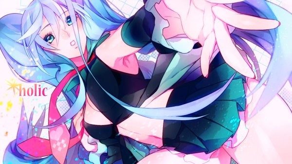 Anime picture 1200x674 with vocaloid hatsune miku ai (warekaku) single looking at viewer blush open mouth light erotic wide image twintails cleavage very long hair nail polish aqua eyes aqua hair dutch angle outstretched arm hand on chest girl skirt