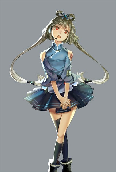 Anime picture 675x1000 with vocaloid vocaloid china luo tianyi rifsom single long hair tall image open mouth simple background red eyes twintails green hair grey background tattoo zettai ryouiki looking up singing crossed legs (standing) girl thighhighs