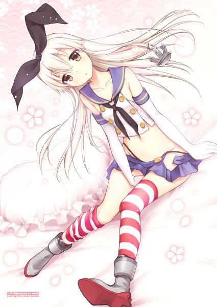 Anime picture 850x1200 with kantai collection shimakaze destroyer gunp single long hair tall image looking at viewer blush fringe light erotic blonde hair sitting brown eyes head tilt open clothes open skirt girl thighhighs skirt gloves