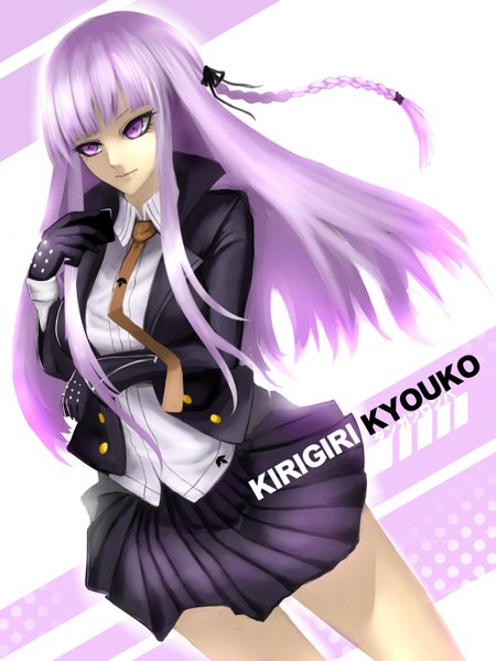 Anime picture 1200x1600 with dangan ronpa kirigiri kyouko kumiko shiba single long hair tall image purple eyes looking away purple hair character names girl skirt gloves uniform hair ornament ribbon (ribbons) hair ribbon school uniform shirt black skirt