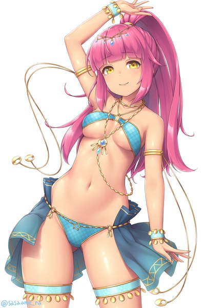 Anime picture 670x1020 with original sasaame single long hair tall image looking at viewer blush fringe light erotic simple background smile standing white background signed yellow eyes payot pink hair ponytail blunt bangs traditional clothes