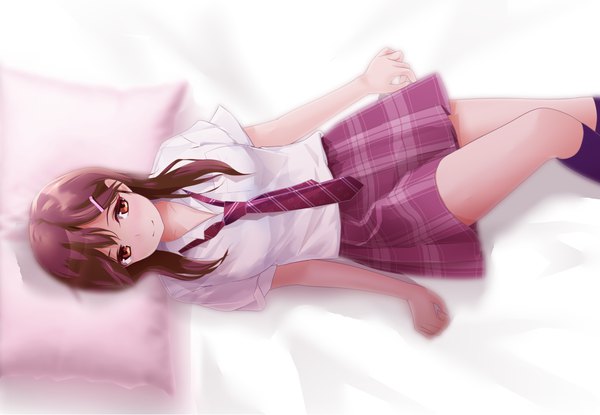 Anime picture 1320x913 with original oh-jin single long hair fringe brown eyes looking away purple hair bent knee (knees) lying short sleeves plaid skirt girl thighhighs skirt hair ornament shirt necktie hairclip pillow