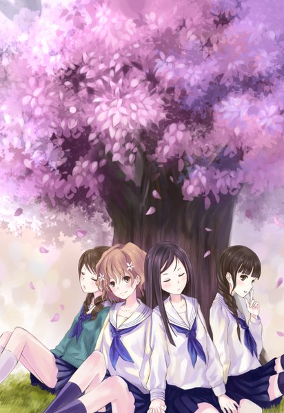 Anime picture 2031x2952 with hanasaku iroha p.a. works matsumae ohana oshimizu nako tsurugi minko wakura yuina xiamianliele (artist) long hair tall image blush highres short hair black hair smile brown hair sitting multiple girls brown eyes absurdres braid (braids)