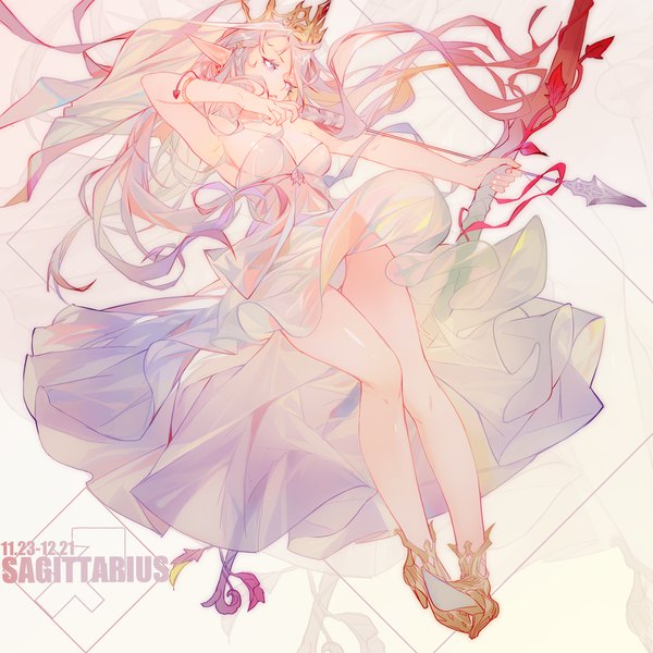 Anime picture 1800x1800 with original grandialee single long hair highres breasts light erotic purple eyes looking away cleavage silver hair full body armpit (armpits) legs archery girl dress weapon white dress crown