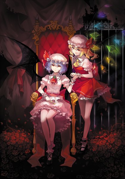 Anime picture 1000x1429 with touhou flandre scarlet remilia scarlet hap rella tall image fringe short hair blonde hair red eyes standing sitting multiple girls holding purple hair light smile legs holding hands siblings bat wings