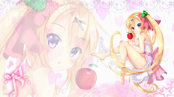 Anime picture 1920x1080 with original parade star single blush highres light erotic blonde hair wide image purple eyes signed bent knee (knees) very long hair barefoot :o side ponytail zoom layer girl dress hair ornament bow