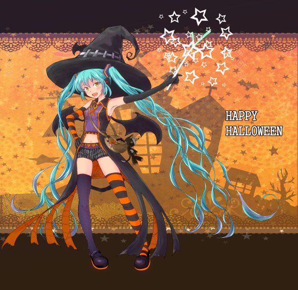 Anime picture 2438x2380 with vocaloid hatsune miku amiesdeli long hair highres open mouth twintails yellow eyes aqua hair inscription halloween happy halloween girl thighhighs gloves hat wings elbow gloves star (symbol) toy