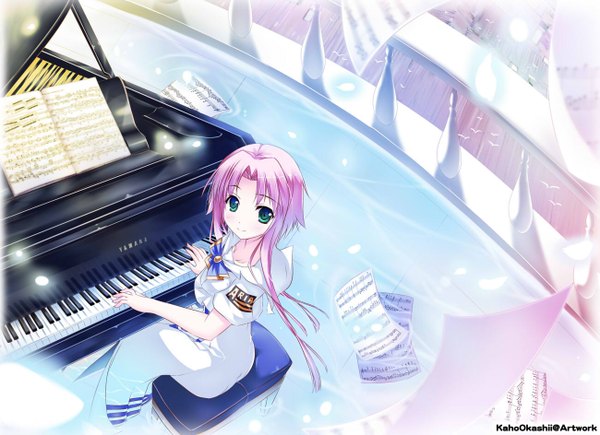 Anime picture 1300x944 with aria mizunashi akari kaho okashii single long hair blush smile sitting green eyes pink hair from above light girl dress bowtie piano