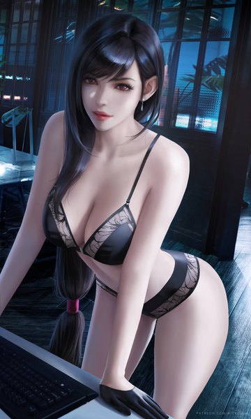 Anime picture 3900x6500 with final fantasy final fantasy vii square enix tifa lockhart wickellia single long hair tall image looking at viewer fringe highres breasts light erotic black hair red eyes large breasts standing signed absurdres cleavage