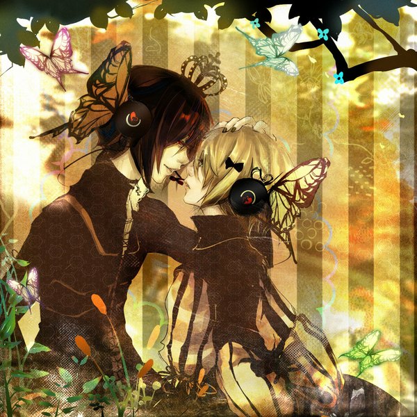 Anime picture 1024x1024 with vocaloid hatsune miku megurine luka cielo feliz (pixiv) short hair blonde hair red eyes brown hair green eyes couple girl dress flower (flowers) bow plant (plants) hair bow headphones insect butterfly crown