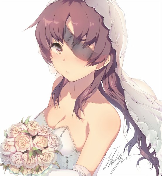 Anime picture 738x800 with mirai nikki uryuu minene dsmile single long hair tall image looking at viewer blush fringe breasts simple background white background bare shoulders cleavage purple hair wedding girl dress flower (flowers) white dress