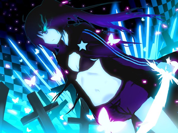 Anime picture 2000x1500 with black rock shooter black rock shooter (character) tuanzi single long hair highres blue eyes twintails glowing flat chest glowing eye (eyes) girl navel shorts insect butterfly bikini top