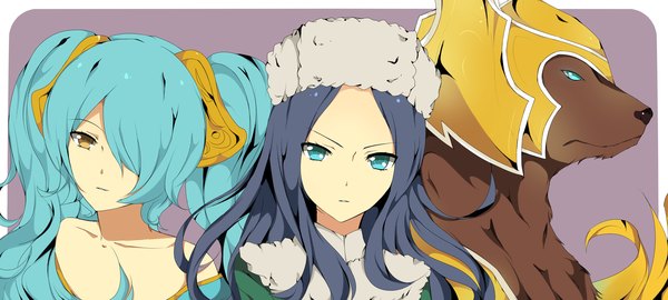 Anime picture 2800x1262 with league of legends sona buvelle caitlyn (league of legends) volibear (league of legends) tsunyandere (ryoneyami) long hair looking at viewer fringe highres blue eyes wide image twintails multiple girls yellow eyes blue hair hair over one eye aqua hair girl 2 girls hat