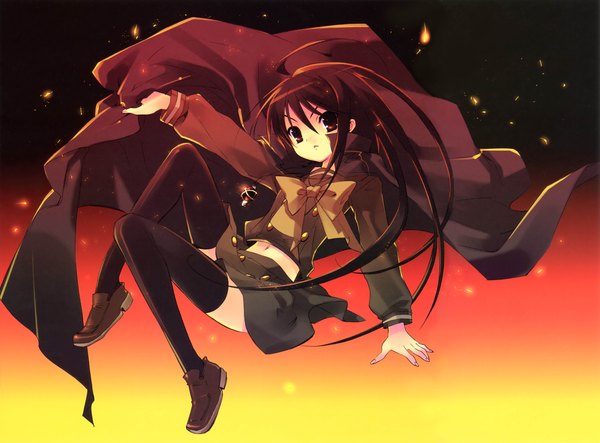 Anime picture 11542x8532 with shakugan no shana j.c. staff shana itou noiji single long hair looking at viewer highres brown hair absurdres full body ahoge scan official art midriff incredibly absurdres girl thighhighs uniform black thighhighs