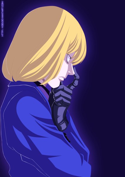 Anime picture 1024x1442 with death note madhouse mello (mihael keehl) ksei single tall image short hair simple background blonde hair green eyes profile coloring boy gloves