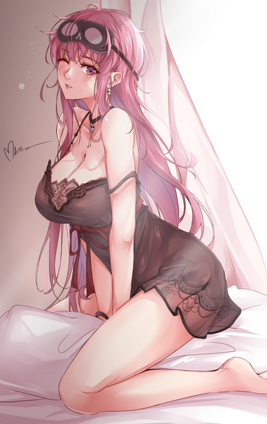 Anime-Bild 1263x2000 mit virtual youtuber hololive hololive english mori calliope mori calliope (6th costume) mkm 0610 single long hair tall image looking at viewer blush fringe breasts light erotic red eyes large breasts bare shoulders signed pink hair cleavage