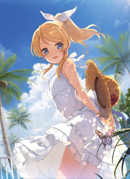 Anime picture 600x825 with love live! school idol project sunrise (studio) love live! ayase eli 6u (eternal land) single long hair tall image looking at viewer blush fringe open mouth blue eyes blonde hair standing bare shoulders holding sky cloud (clouds) ponytail