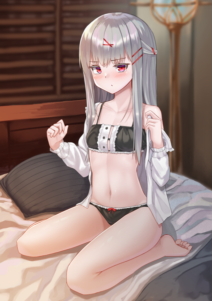 Anime picture 1158x1637 with original templus single long hair tall image looking at viewer blush light erotic red eyes sitting full body indoors barefoot grey hair blurry bare legs open shirt depth of field wariza undressing