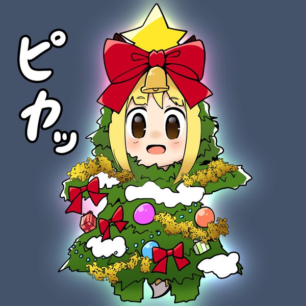 Anime picture 1280x1280 with original koko (yutturi) yutturi single looking at viewer short hair open mouth simple background blonde hair brown eyes christmas blue background girl bow star (symbol) bell christmas tree bauble