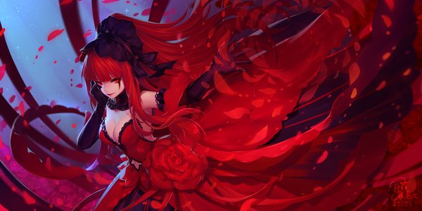 Anime picture 2000x1000 with forever 7th capital olucia kanmaixso single long hair looking at viewer fringe highres breasts light erotic red eyes wide image bare shoulders signed red hair blunt bangs wind sparkle outstretched arm dated