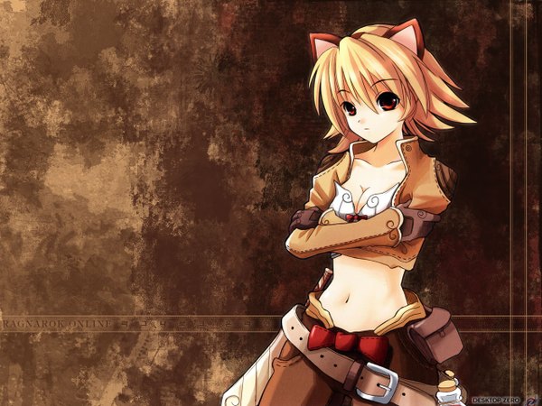 Anime picture 1280x960 with ragnarok online thief (ragnarok online) single short hair simple background blonde hair red eyes animal ears cleavage cat ears cat girl wallpaper crossed arms brown background girl fanny pack