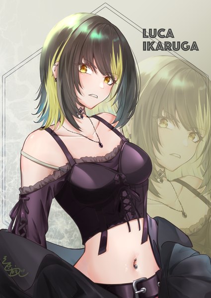 Anime picture 1254x1771 with idolmaster idolmaster shiny colors ikaruga luca sodemaru unagi single tall image short hair black hair blonde hair yellow eyes upper body multicolored hair two-tone hair midriff character names piercing ear piercing zoom layer clenched teeth navel piercing