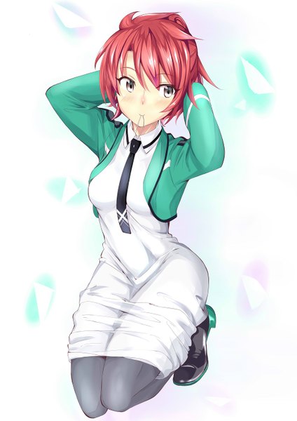 Anime picture 992x1403 with mahouka koukou no rettousei erika chiba ukkii single tall image blush short hair breasts simple background white background payot looking away full body ahoge bent knee (knees) red hair light smile arms up grey eyes kneeling