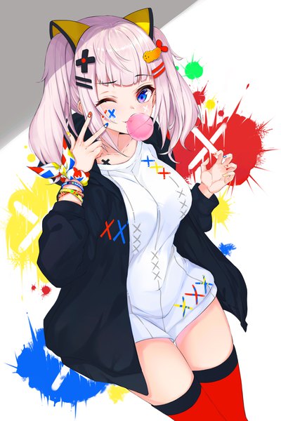 Anime picture 2696x4042 with virtual youtuber the moon studio kaguya luna lebring single tall image looking at viewer blush fringe highres short hair breasts blue eyes large breasts standing white background twintails animal ears payot pink hair