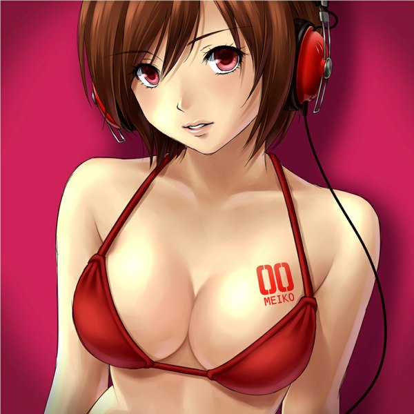 Anime picture 1030x1030 with vocaloid meiko asami (undoundo) short hair breasts light erotic smile brown hair brown eyes cleavage upper body face girl headphones bikini top
