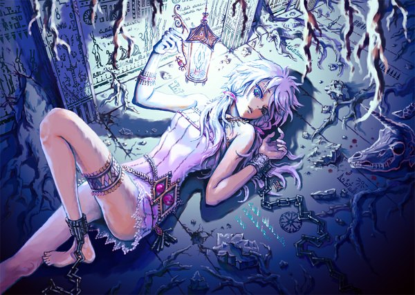 Anime picture 1000x711 with vocaloid yuzuki yukari chaky (artist) single open mouth blue eyes twintails bare shoulders looking away purple hair lying barefoot shadow low twintails hieroglyph glow skeleton girl dress gloves