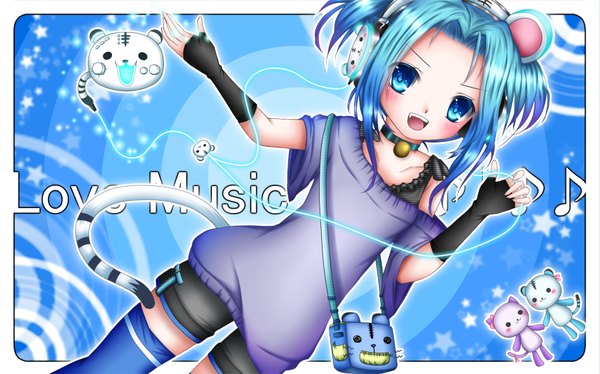 Anime picture 1681x1050 with shitou blush short hair open mouth blue eyes wide image blue hair animal tail loli girl headphones fingerless gloves wire (wires)