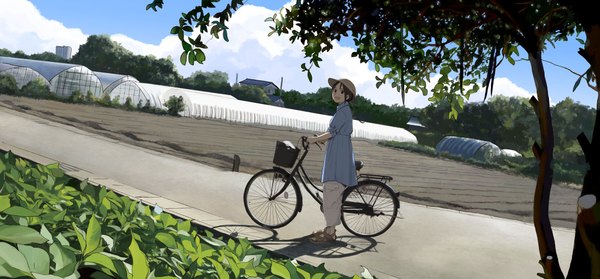 Anime picture 2143x1000 with original morifumi single highres short hair smile brown hair wide image sky cloud (clouds) black eyes girl plant (plants) hat tree (trees) leaf (leaves) ground vehicle road bicycle