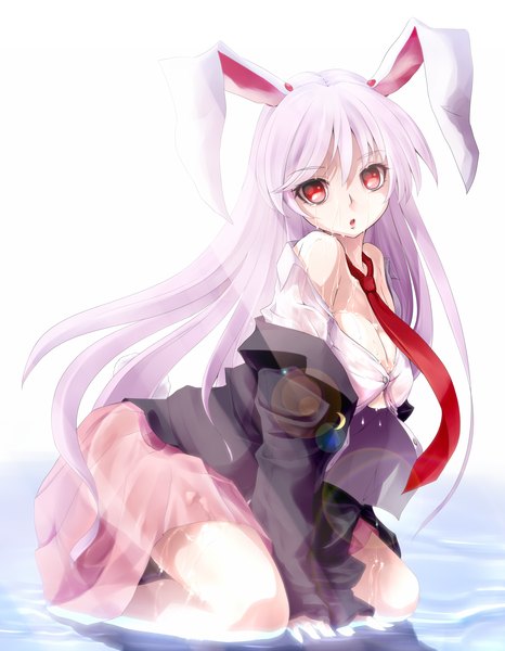 Anime picture 1400x1800 with touhou reisen udongein inaba nikka (cryptomeria) single long hair tall image light erotic simple background red eyes white background pink hair open clothes wet bunny ears open shirt bunny girl girl skirt miniskirt necktie