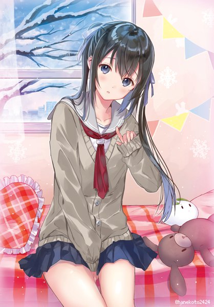 Anime picture 830x1191 with original hanekoto single long hair tall image looking at viewer blush fringe black hair hair between eyes sitting twintails purple eyes signed indoors long sleeves parted lips head tilt pleated skirt bare legs