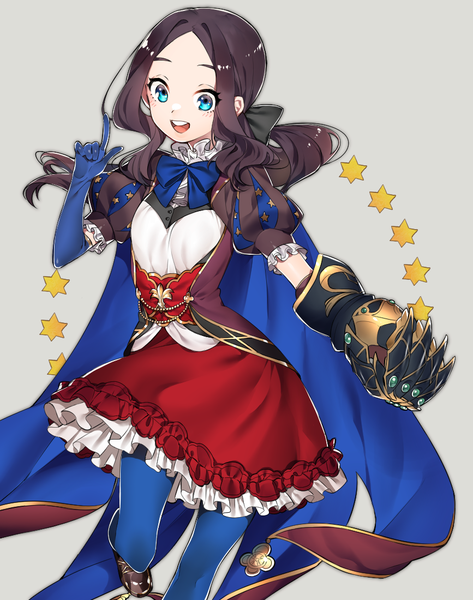 Anime picture 867x1100 with fate (series) fate/grand order leonardo da vinci (fate) leonardo da vinci (rider) (fate) sino42 single long hair tall image open mouth blue eyes black hair simple background payot looking away grey background teeth puffy sleeves outstretched arm low ponytail girl