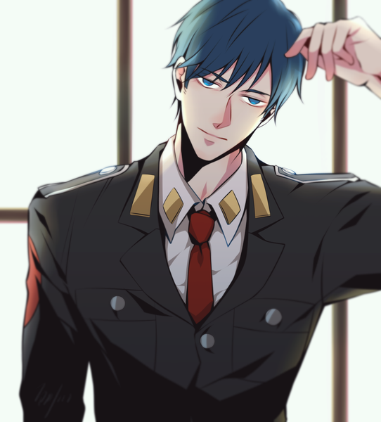 Anime picture 1732x1916 with acca 13-ku kansatsu-ka madhouse niino (acca) delight hsia single tall image looking at viewer fringe highres short hair blue eyes standing blue hair upper body head tilt arm up military boy uniform necktie