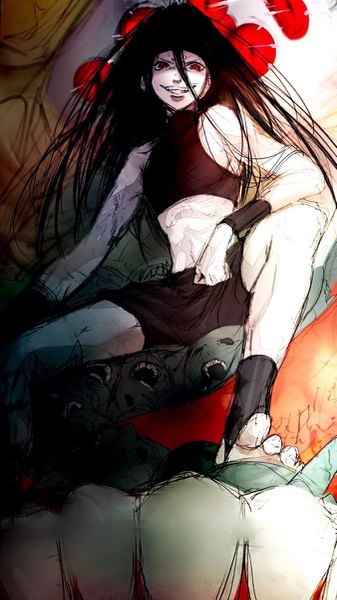 Anime picture 675x1200 with fullmetal alchemist studio bones envy kuroe (pixiv5268156) single long hair tall image looking at viewer fringe black hair smile hair between eyes red eyes bare shoulders no shoes crazy smile boy shorts crop top