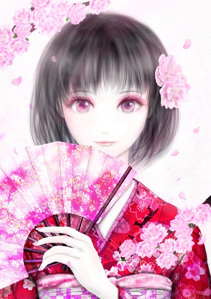 Anime picture 760x1075 with original kota (pixiv) single tall image looking at viewer fringe short hair black hair simple background white background pink eyes hair flower cherry blossoms floral print pale skin eyeshadow girl hair ornament flower (flowers) plant (plants)