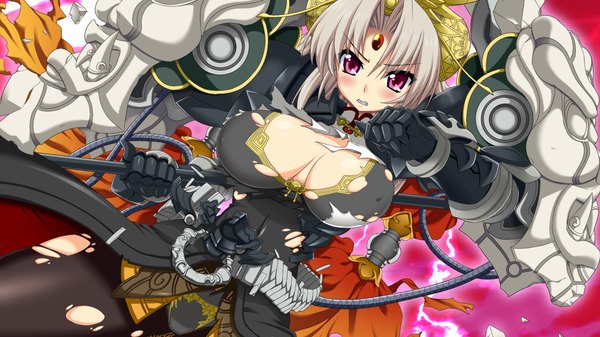 Anime picture 1280x720 with sangoku hime unicorn-a long hair breasts light erotic red eyes wide image game cg white hair torn clothes girl armor