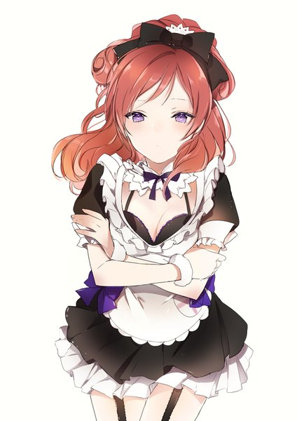 Anime picture 620x877 with love live! school idol project sunrise (studio) love live! nishikino maki lpip single long hair tall image looking at viewer blush fringe breasts light erotic simple background standing white background purple eyes red hair short sleeves maid