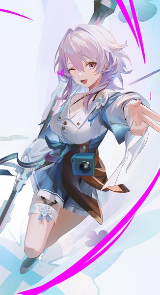 Anime picture 800x1474 with honkai: star rail honkai (series) march 7th (honkai: star rail) renlili single tall image looking at viewer fringe short hair open mouth blue eyes hair between eyes pink hair one eye closed wink ;d girl heart camera