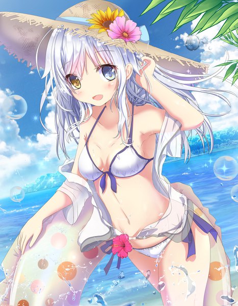 Anime picture 1057x1358 with original moe2018 aruka (alka p1) single long hair tall image looking at viewer blush fringe breasts open mouth blue eyes light erotic smile hair between eyes standing bare shoulders yellow eyes payot sky
