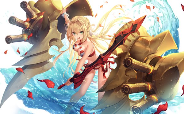 Anime picture 8497x5286 with fate (series) fate/grand order nero claudius (fate) (all) nero claudius (swimsuit caster) (fate) godoju single long hair looking at viewer blush fringe highres breasts open mouth light erotic blonde hair smile hair between eyes wide image standing holding