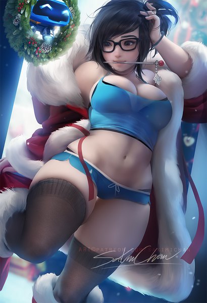 Anime picture 684x1000 with overwatch blizzard entertainment mei (overwatch) snowball (overwatch) sakimichan single tall image short hair breasts light erotic black hair large breasts holding signed looking away cleavage black eyes realistic fur trim mouth hold